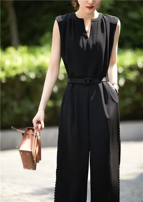 Summer Jumpsuit Fashion Elegant Wide Leg Pants Rompers Women Bodysuit Sashes Slim Waist V-neck Jump Suit Korean Vintage Playsuit