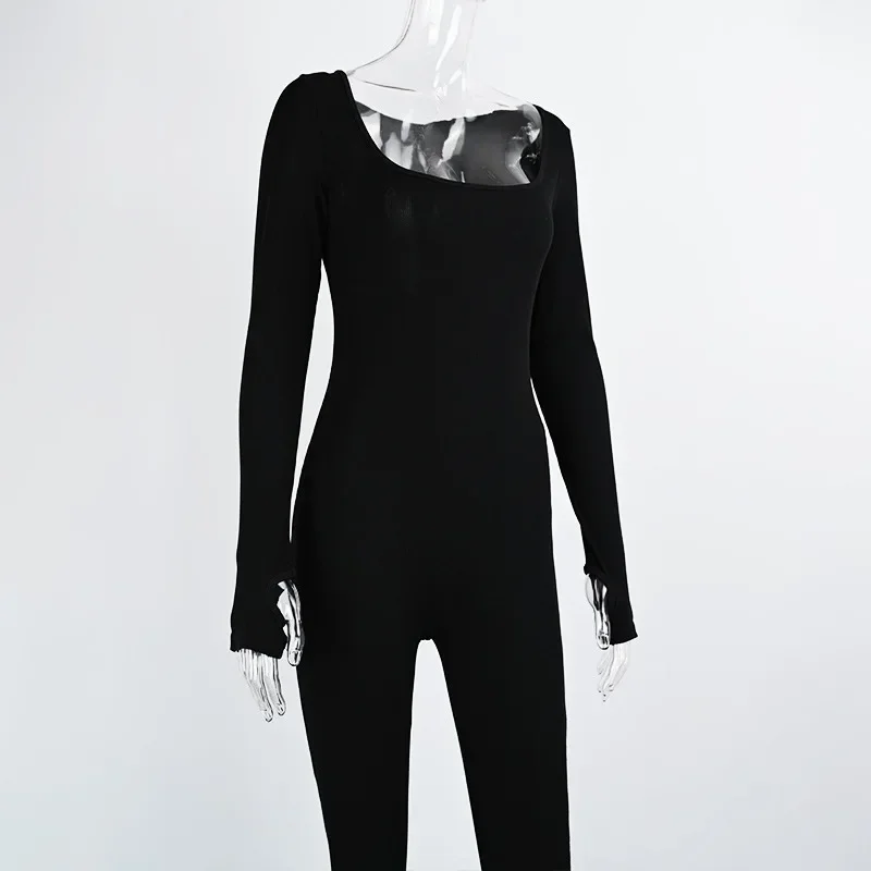 Damski kombinezon Skinny Jednokolorowy prążkowany dzianinowy kombinezon z długim rękawem i kwadratowym dekoltem Bodycon Romper Work Out Sport Yoga Playsuits — zdjęcie 3
