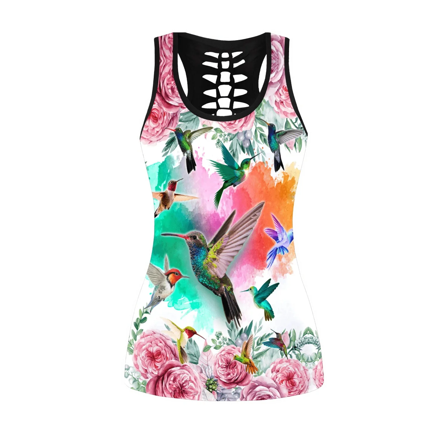 Love Hummingbirds flowers 3D Printed Hollow Tank Top & Leggings Set Fitness Female Full Length Leggings Running Pants DDK101