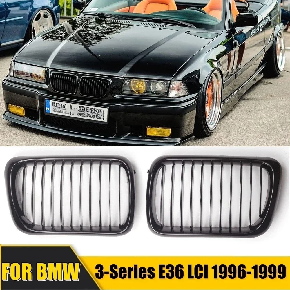 

2x Double Line Style Car Front Racing Kindey Grilles For BMW E36 LCI 1996-1999 M3 Glossy Black Dual Slats Upper Grilles