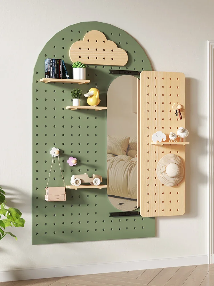 Entrance entrance Solid wood hole board rack with hidden mirror can be closed Hanging clothes storage rack Wall decoration