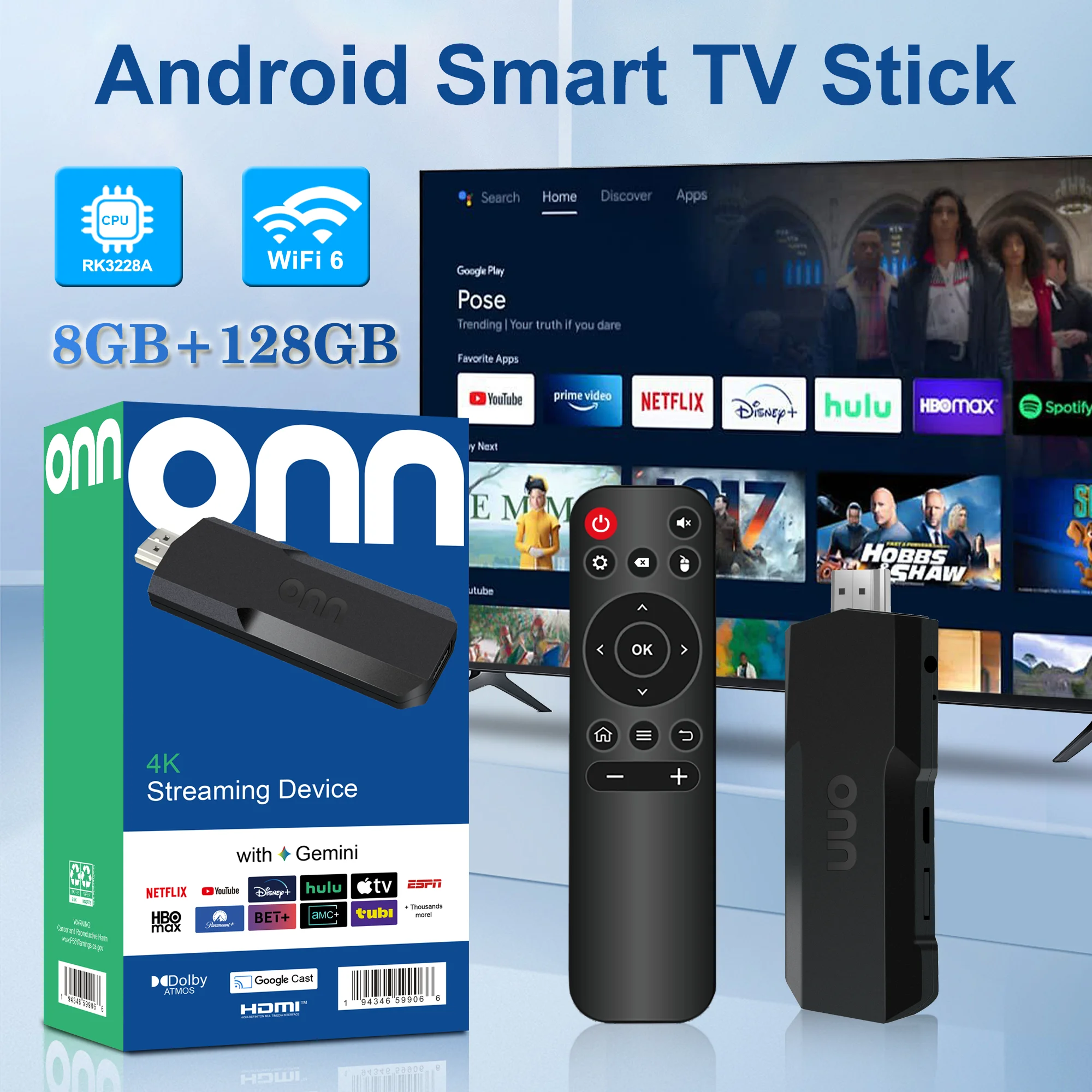 ONN TVR3 Android11 Smart TV Dongle Allwinner RK3228A 1.5GHz 8GB+128GB WiFi 2.4G&5G Bluetooth4.0 4K HDMI1.4 IR Remote
