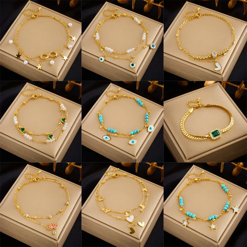 Fashion Design Double-layered Pendant Anklets for Women Elegant Retro Heart Star Shaped Gold Plated Stainless Steel Foot Chains