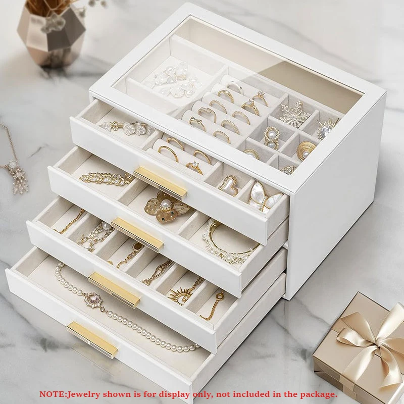 

Элитная шкатулка для украшений из ПУ-кожи со стеклянной крышкой, 4-уровневая, с выдвижными ящиками, высококачественный органайзер для ювелирных изделий, для ожерелий, колец, подарков