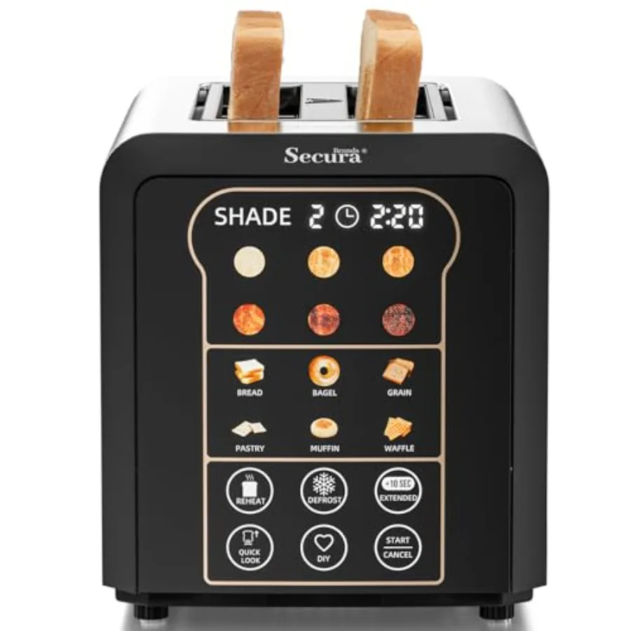 2 Slice Automatic Toaster with Touch Screen Digital Timer 6 Bread Types 6 Browning Levels Reheat/Defrost +10s Extend Custom Mem