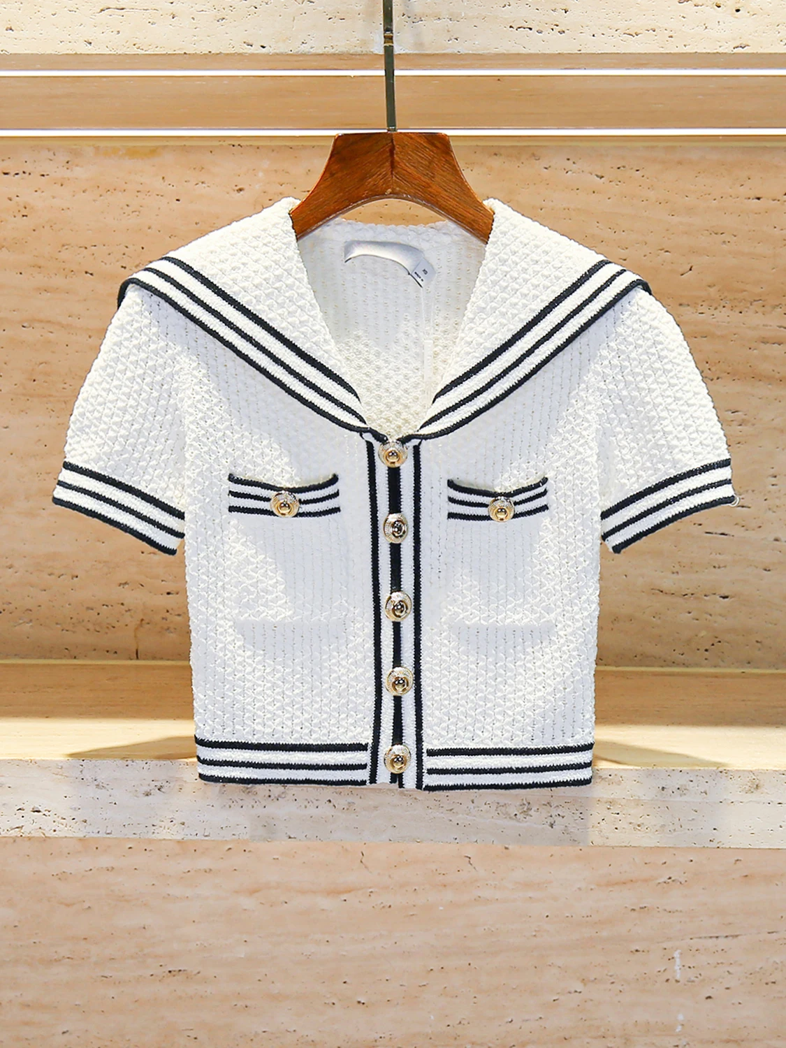 

High-End Women's Knitted Navy Collar Striped Open Cardigan Top Summer 2025 Ele Commute Sle ort Sve Regular Fit