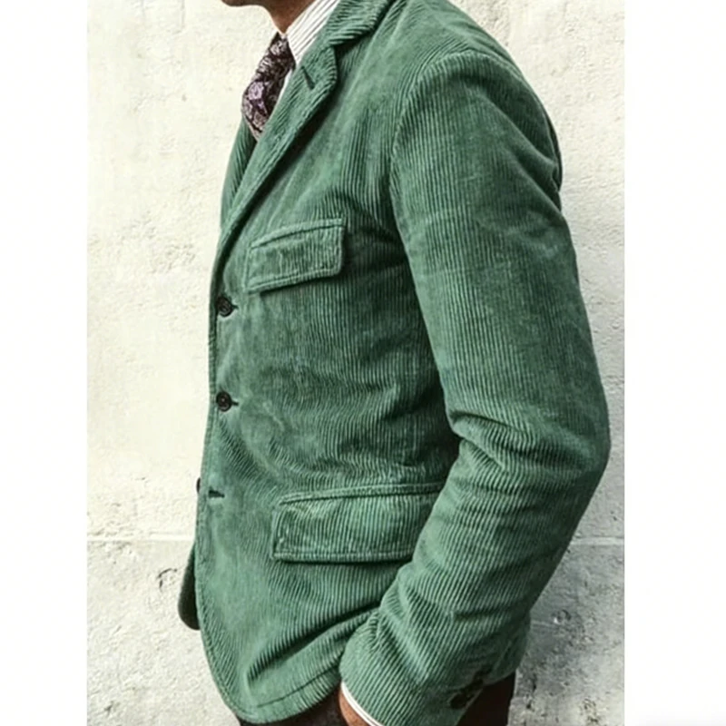 Vintage Men's Corduroy Blazer Single Breasted Notch Lapel Slim Fit Fashion Jacket Office Casual Outerwear