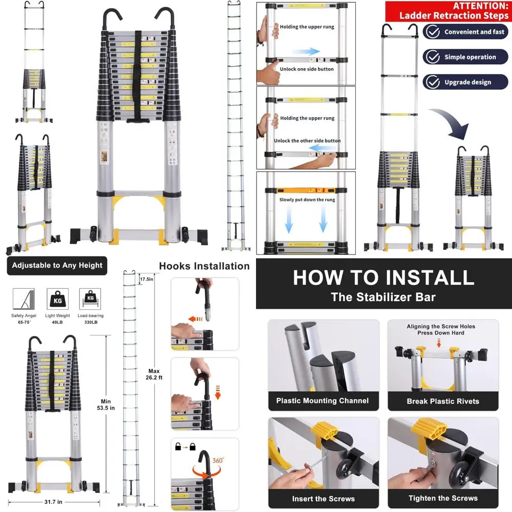Escada telescópica de alumínio multiuso de 26,2 pés com barra estabilizadora, rodas e ganchos para extensão e uso dobrável