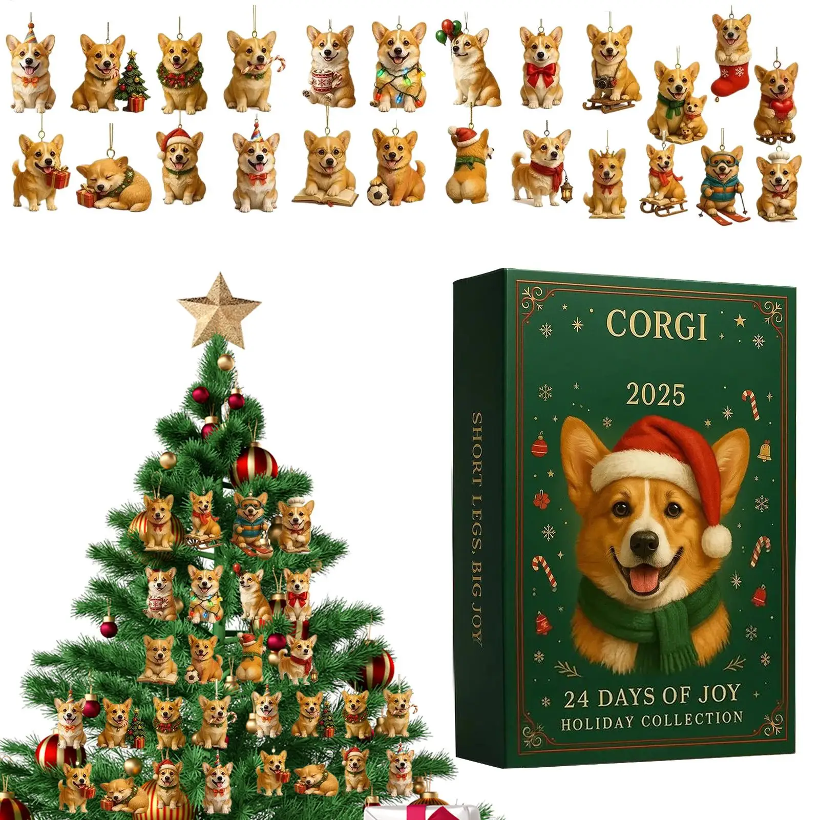 Adventskalender mit 2D-Welpenanhänger aus Acryl – Countdown-Kalender für die Baumdekoration, Strumpffüller, Neujahrsgeschenke