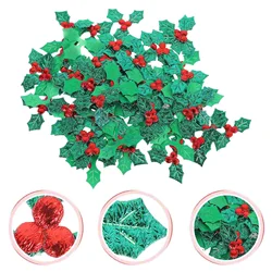 100 Pcs Christmas Holly Leaves Charms DIY Accessories Wedding Decorations for Tables Craft Berry Green Leaf Artificial Cloth