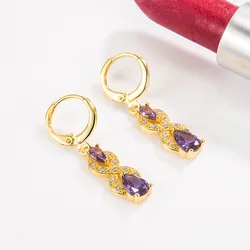 14K Yellow Gold Origin Amethyst Earring for Females Aros Mujer Oreja 14K Gold Orecchini Gemstone DIWENFU Drop Earring Jewelry