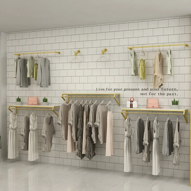 Retail Garment Shop Window Display Móveis, Gold Clothing Stand Rack e mesa, personalizado