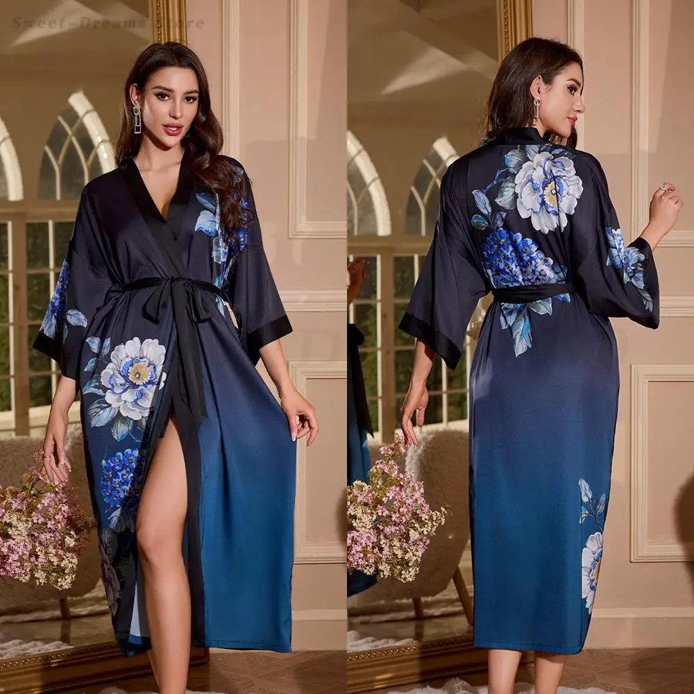 Red Bride Wedding Robe Long Kimono Bathrobe Nightgown Female Spring Summer New Satin Sleepwear Home Clothes Loose Loungewear 2