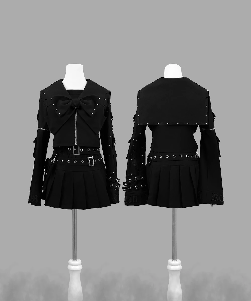 اليابانية Rojita Harajuku نمط كتلة اللون قصيرة سستة القوس القوطية حلقة مستديرة برشام الدنيم سترة معطف تنورة قطعتين مجموعة النساء