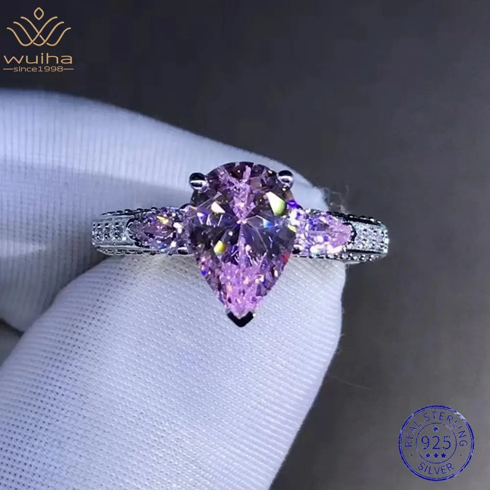 

WUIHA Real 925 Sterling Silver Pear Cut 2CT VVS Pink Sapphire Synthetic D Moissanite Ring for Women Gift Drop Shipping