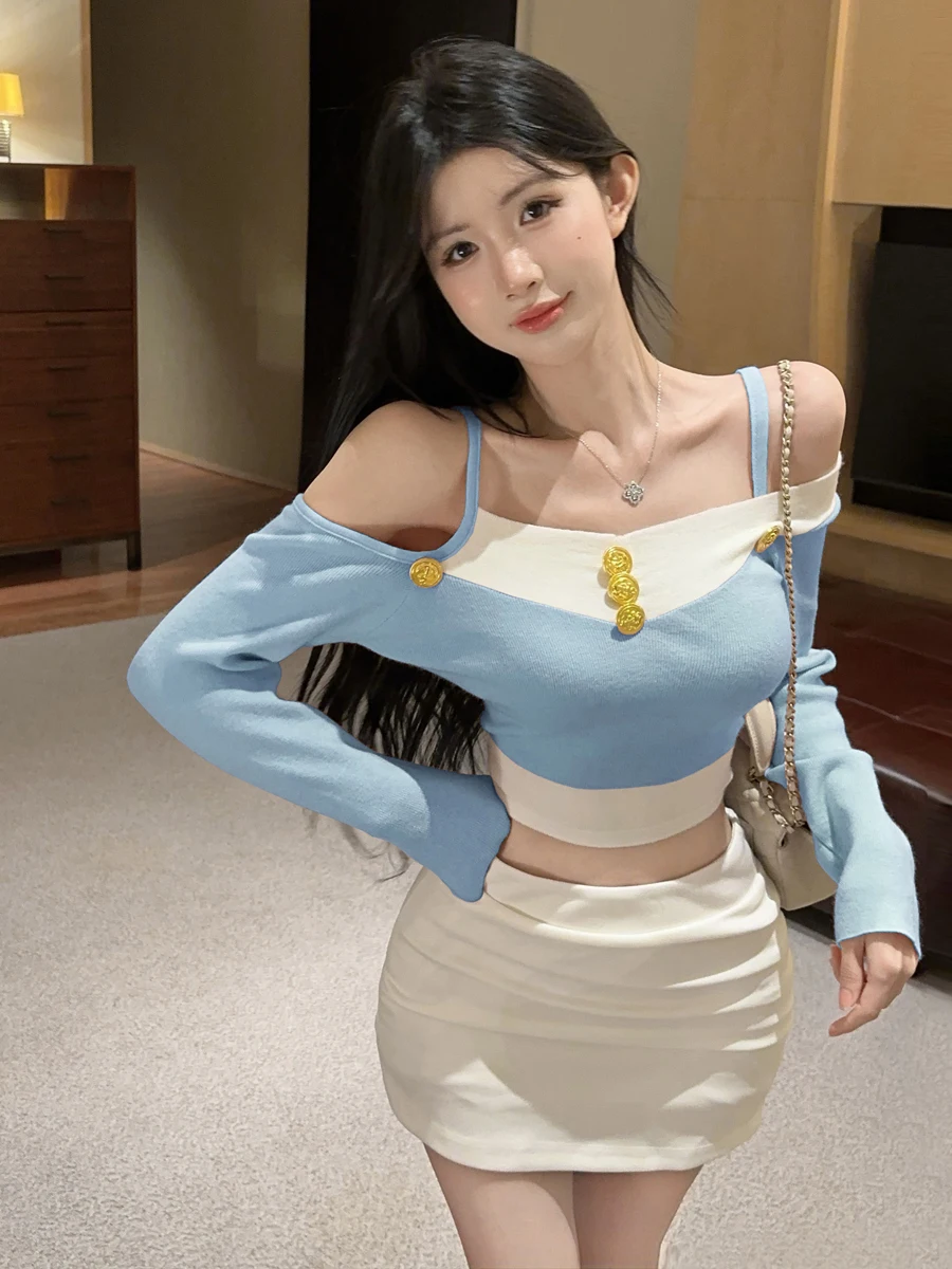 Sexy Sweet One-Shoulder Long-Sleeve Knitted Base Top Pure Desire Contrast Color Button Design Casual Wear for Young Women