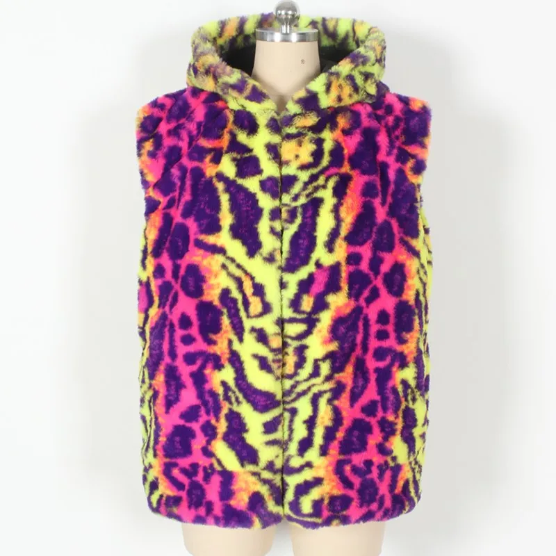 سترات شتوية سميكة ودافئة فضفاضة ملونة على شكل الفهد لعام 2025 بدون أكمام معاطف بقلنسوة من الفرو المنفوش ملابس خارجية سترة نسائية من الفرو الصناعي #5