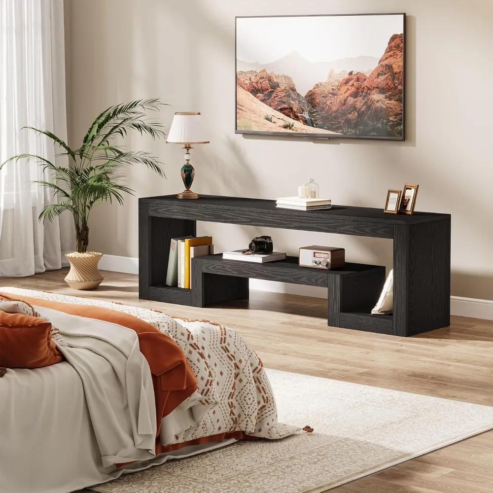 حامل تلفزيون مقاس 63 بوصة لأجهزة التلفاز مقاس 55/60/65/75 بوصة، مركز ترفيه المزرعة مع أرفف تخزين مفتوحة، شركة تلفزيون بني ريفي #3