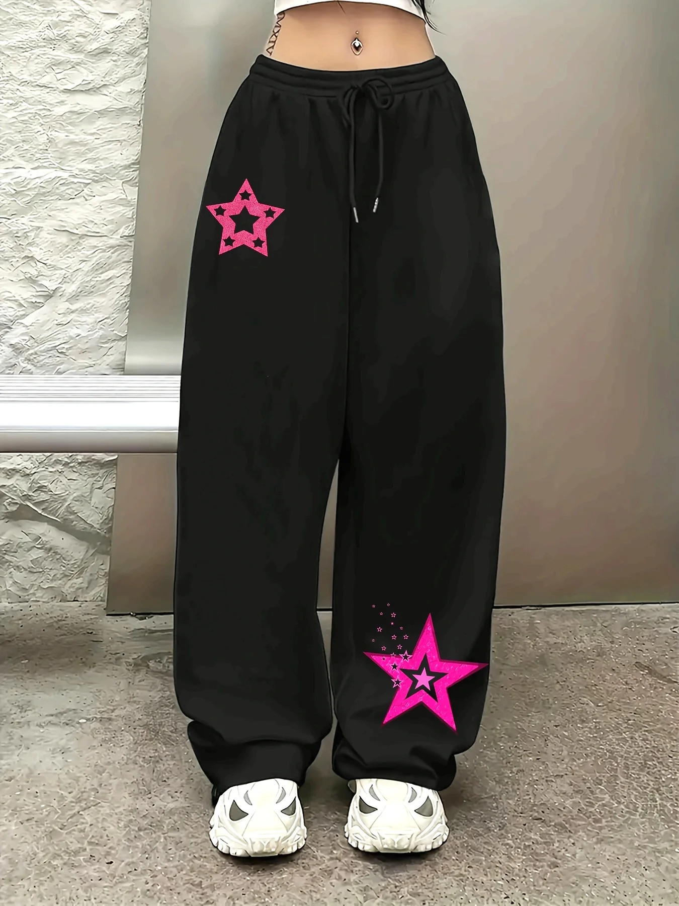 

Женские осенние и зимние свободные прямые флисовые спортивные штаны больших размеров со звездным принтом, уличная одежда с эластичным поясом, универсальная