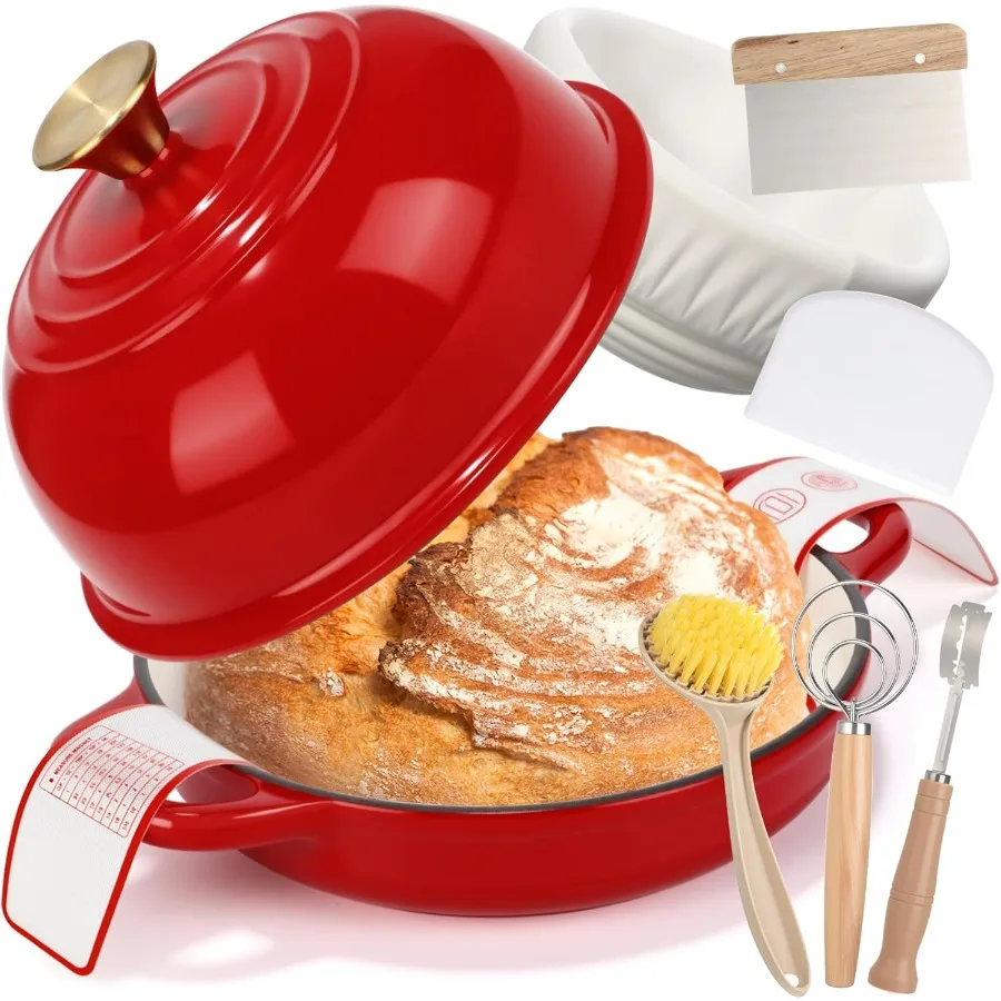

8 Pcs Enameled Bread Dutch Oven with Lid for Sourdough Baking Oven Enameled Cast Iron Dutch Pot with Bread Proofing Basket Baki