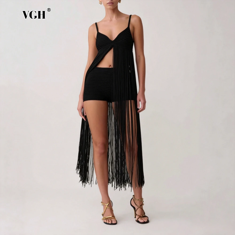 VGH Sexy Night Club Black Crochet Fringe Two Piece Set for Women Long Legnth Tassel Top Mid Waist Shorts Suit for Music Festival