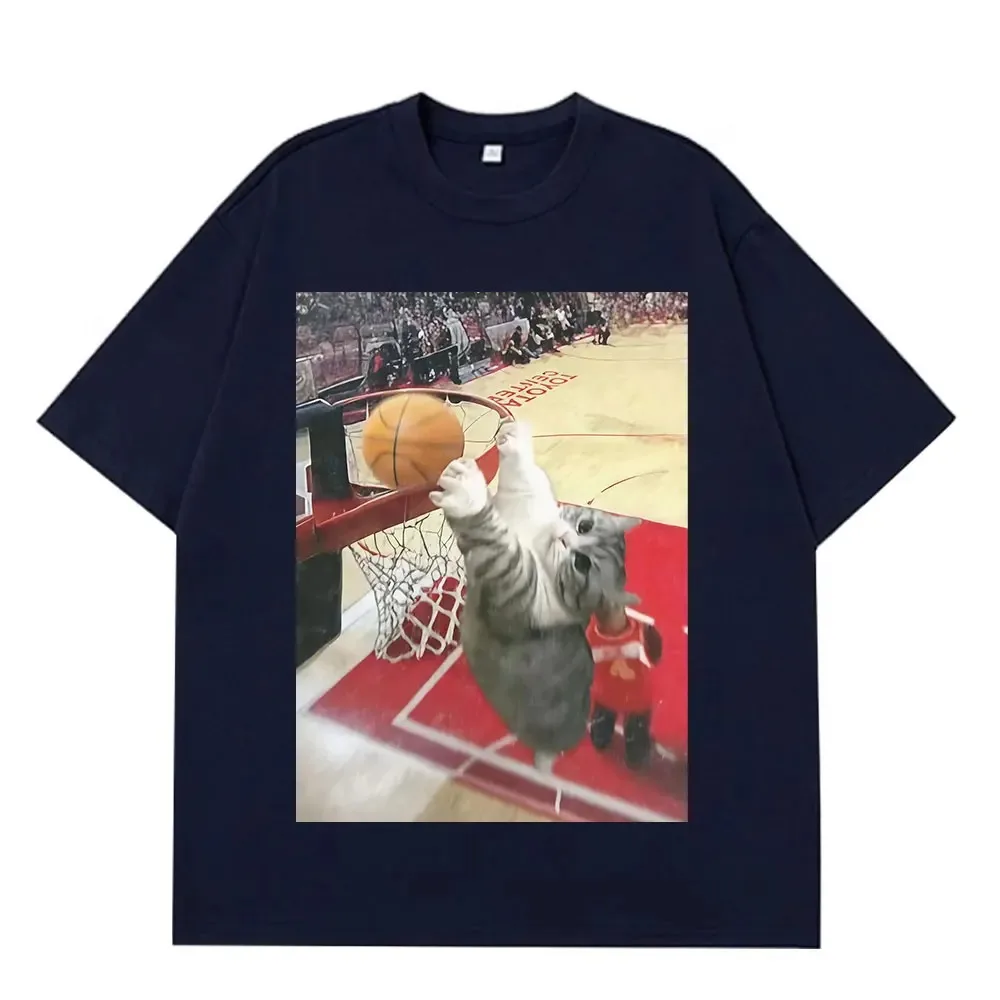 Vintage Funny Cat Dunking Basketball Meme T-Shirt, Casual Loose High-Quality Cotton Plus Size Tee for Men and Women Summer Style