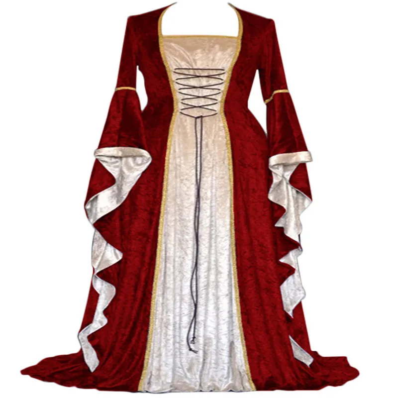 American Gold Velvet Strappy Flared Sleeve Vintage Medieval Long Floor Length Dresses Women's Long Dresses Play Costumes