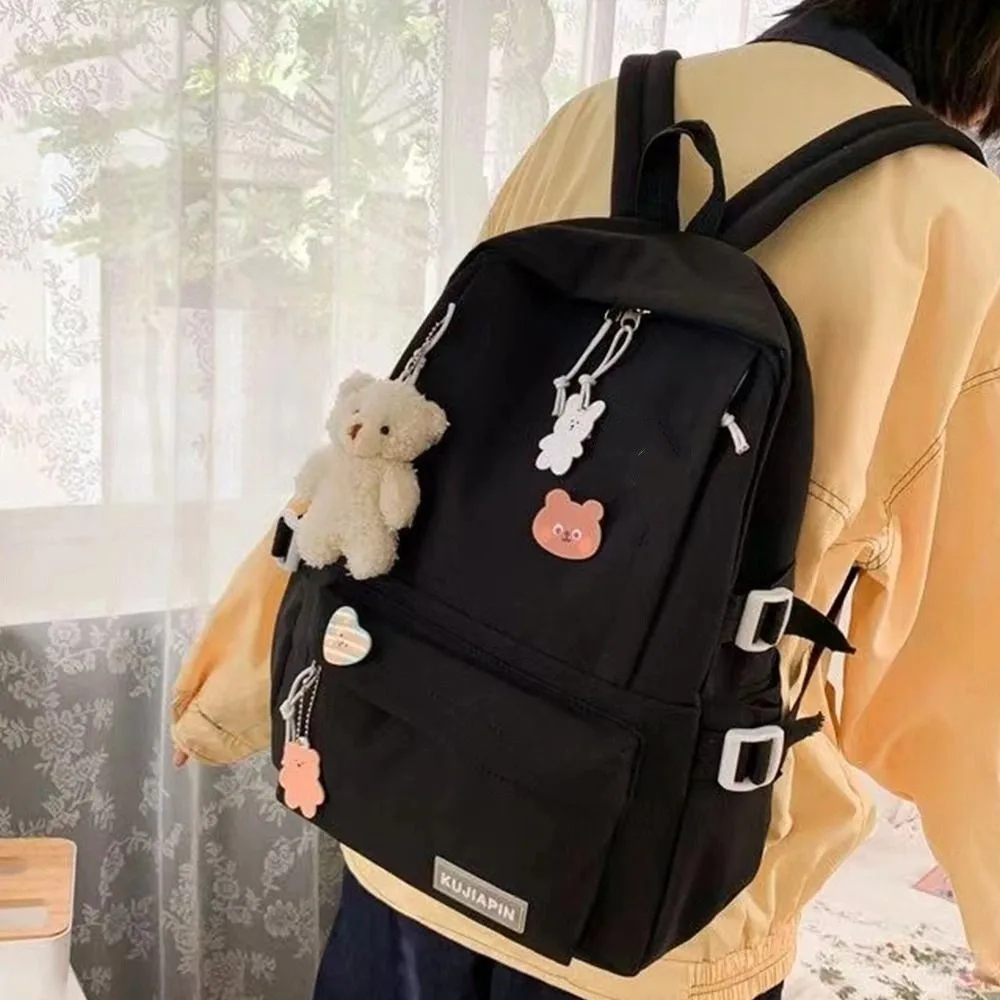 Portable Bear Pendant Solid Color Backpack Large Capacity Badge Students School Bag Handbag Korean Style Shoulder Bag Travel