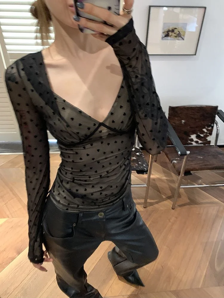 

Женская весенняя новинка: модная блузка в горошек с V-образным вырезом, приталенная, стройнящая, базовая, простая, элегантная, универсальная, повседневная рубашка