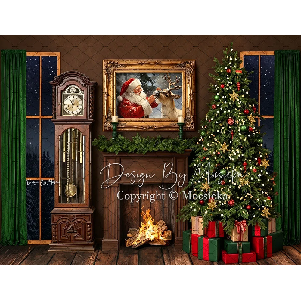 Mocsicka Santa's Cabin Backdrop Photography 3D Christmas Living Room Fireplace Scene Background Family Holiday Party Photo Shoot