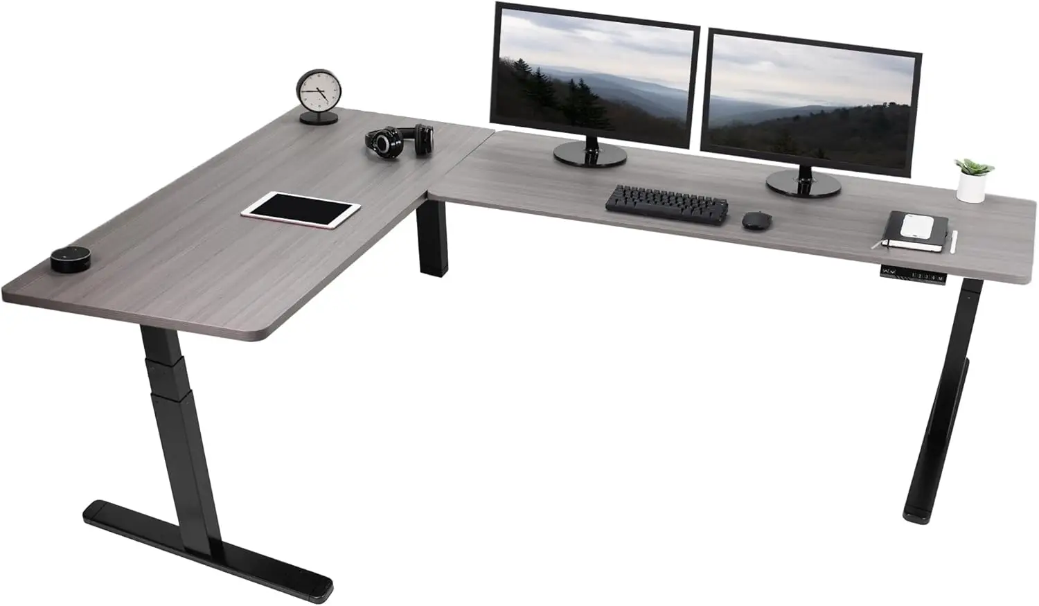 Electric Height Adjustable 83 x 60 inch Corner Stand Up Desk 2 Dark Walnut Solid Table Tops Black Frame Memory Controller