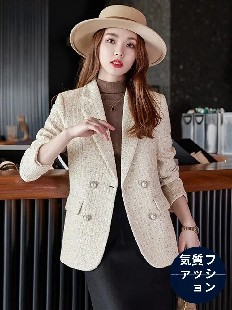  Style Khaki Woolen Suit Jacket Women's Fashion Autumn Winter Plaid Outerwear Button Detailing Office Commute Ready