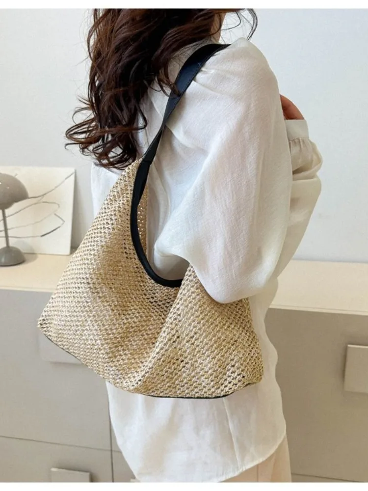 Fashion Bucket Bag Woven Bag Purses Solid Color Shoulder Bag Large Capacity Straw Totes Bag Ladies
