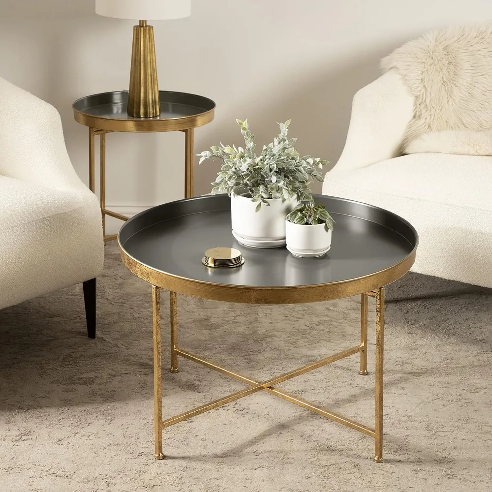 Klappbarer runder Akzent-Couchtisch aus Metall mit verspiegelter Oberfläche und goldenem Rahmen, modernes, minimalistisches Design, abnehmbare magnetische Tischplatte