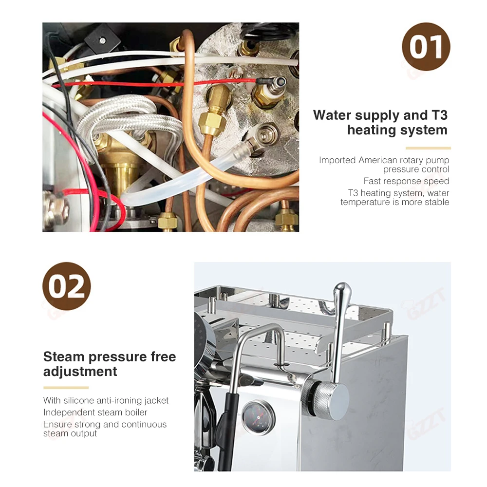 GZZT CME61 Commercial Coffee Machine with E61 Group Head PID Temp Control 2L+1.5L Dual Boiler T3 Heating System Espresso Maker