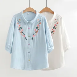 Summer Women Shirts Cotton Yarn Floral Leaves Embroider Blouses 3/4 Sleeves White Lady Tops Female Clothes Japan Style