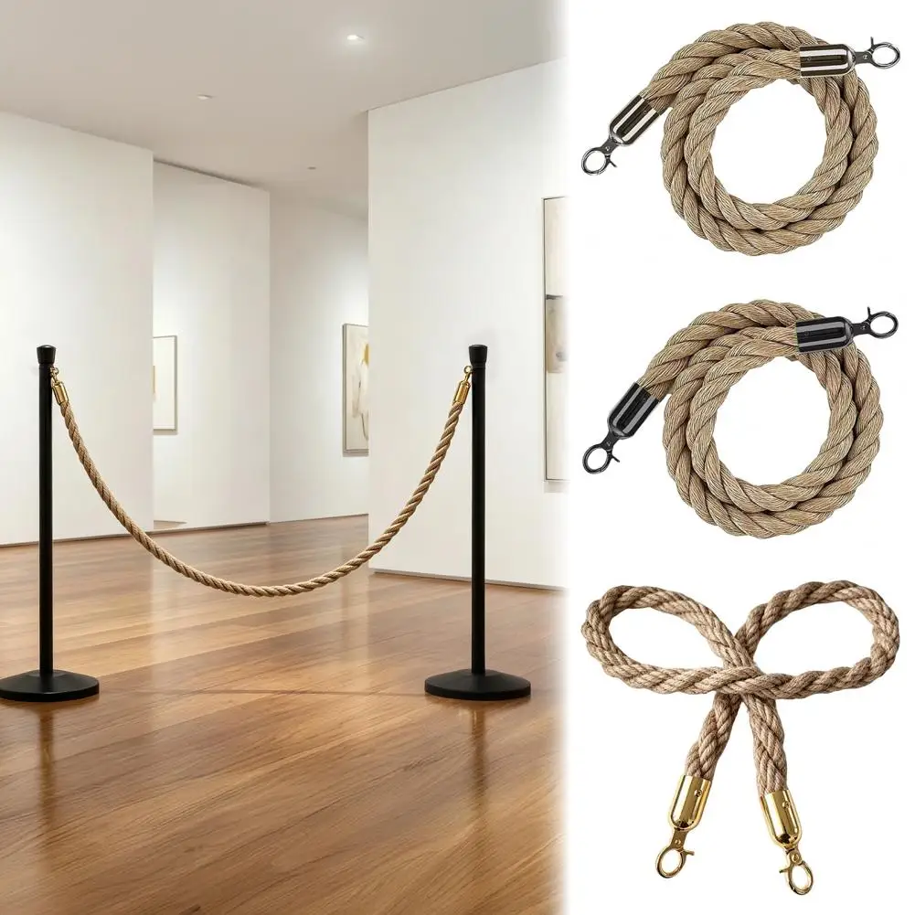1/1.5/2M Natural Braided Jute Rope, Heavy Duty Woven Twine Rope for Crafts, Queue Barrier Rope with Metal Hook