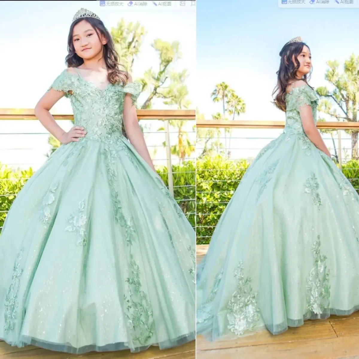 

Green Flower Girl Dresses for Wedding Lace Appliques Sequins Off The Shoulders Gowns Baby Girl Birthday Ball Gowns Customized