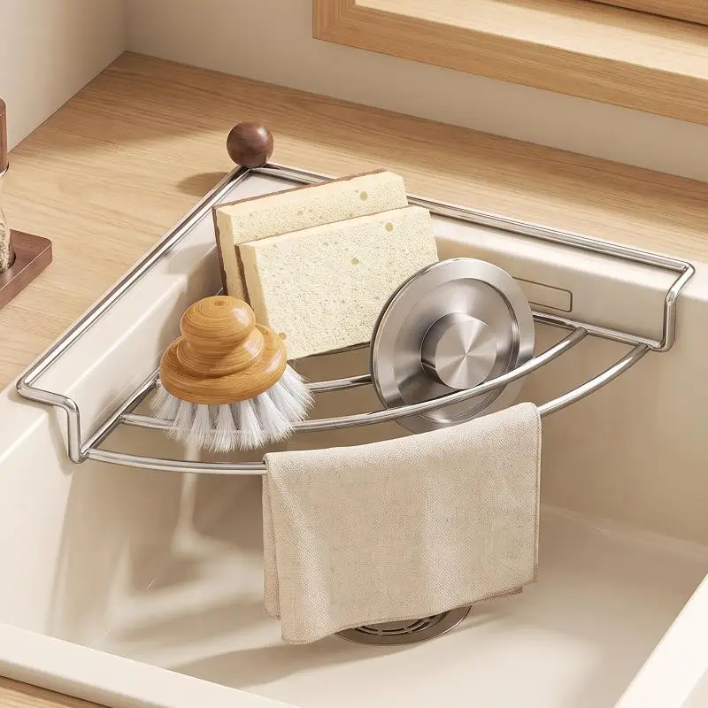 1 PCS Stainless Steel Corner Sink Drain Rack Kitchen Sponge Holder Dishcloth Organizer Draining Basket