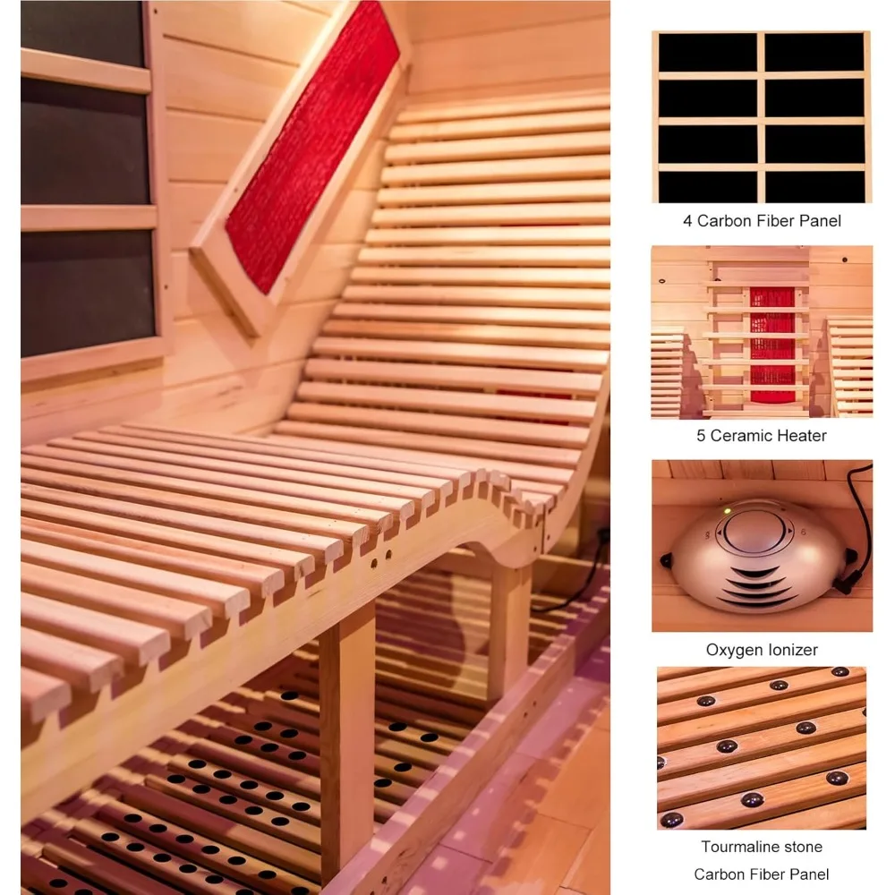 Far Infrared 2 Person Wooden Sauna Room with Recliner, Hemlock Luxury Indoor Sauna with 10 Heaters, Oxygen Bar Saunas