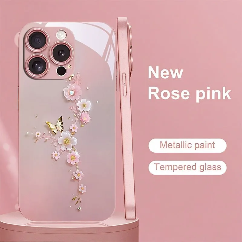 

Luxury Butterfly Flower Metallic Tempered Glass Phone Case For iPhone 11 12 13 14 15 16 17 Pro Max 15 14 Plus 17 Air 17E Cover