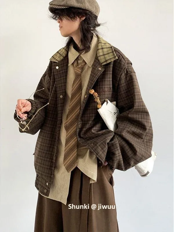 Early Autumn Plaid Jacket Casual Loose Unisex College Style Ensemble Vintage Japanese Retro Design Youth Fashion