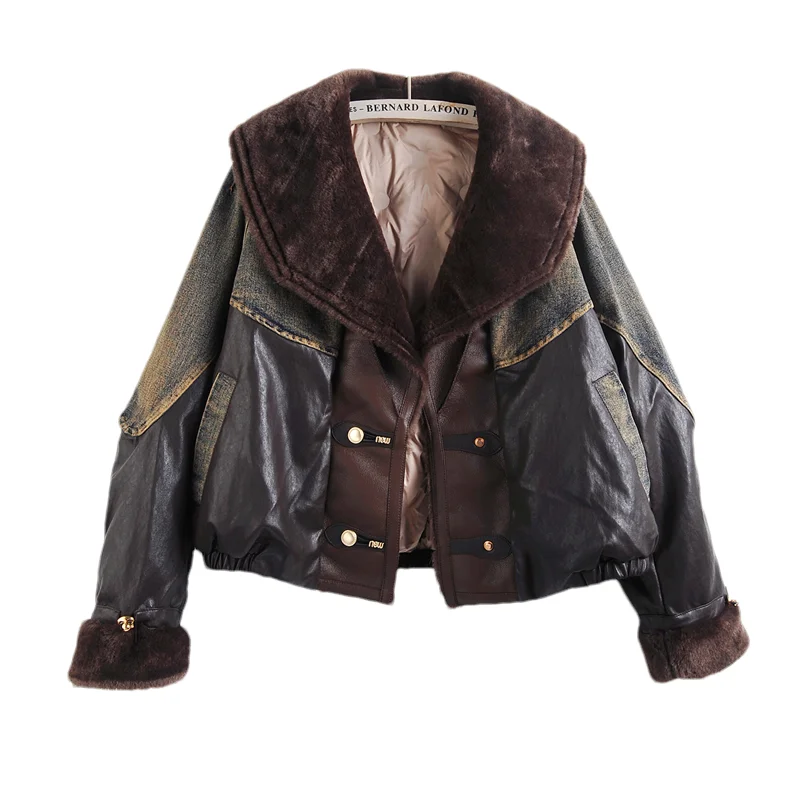 

High Quality Faux Pu Leather Patchwork Denim Jacket Autumn Winter Women Loose Casual Warm Down Liner Cowboy Outerwear Streetwear