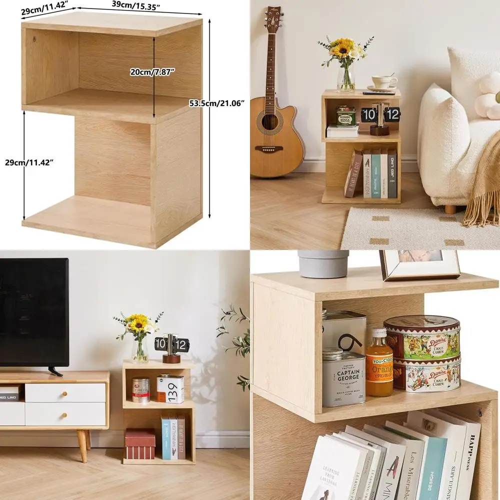 

3-х уровневая деревянная тумбочка S-образной формы, открытое хранилище, минималистичный дизайн для небольших помещений, простая сборка, прикроватная тумбочка с натуральной отделкой