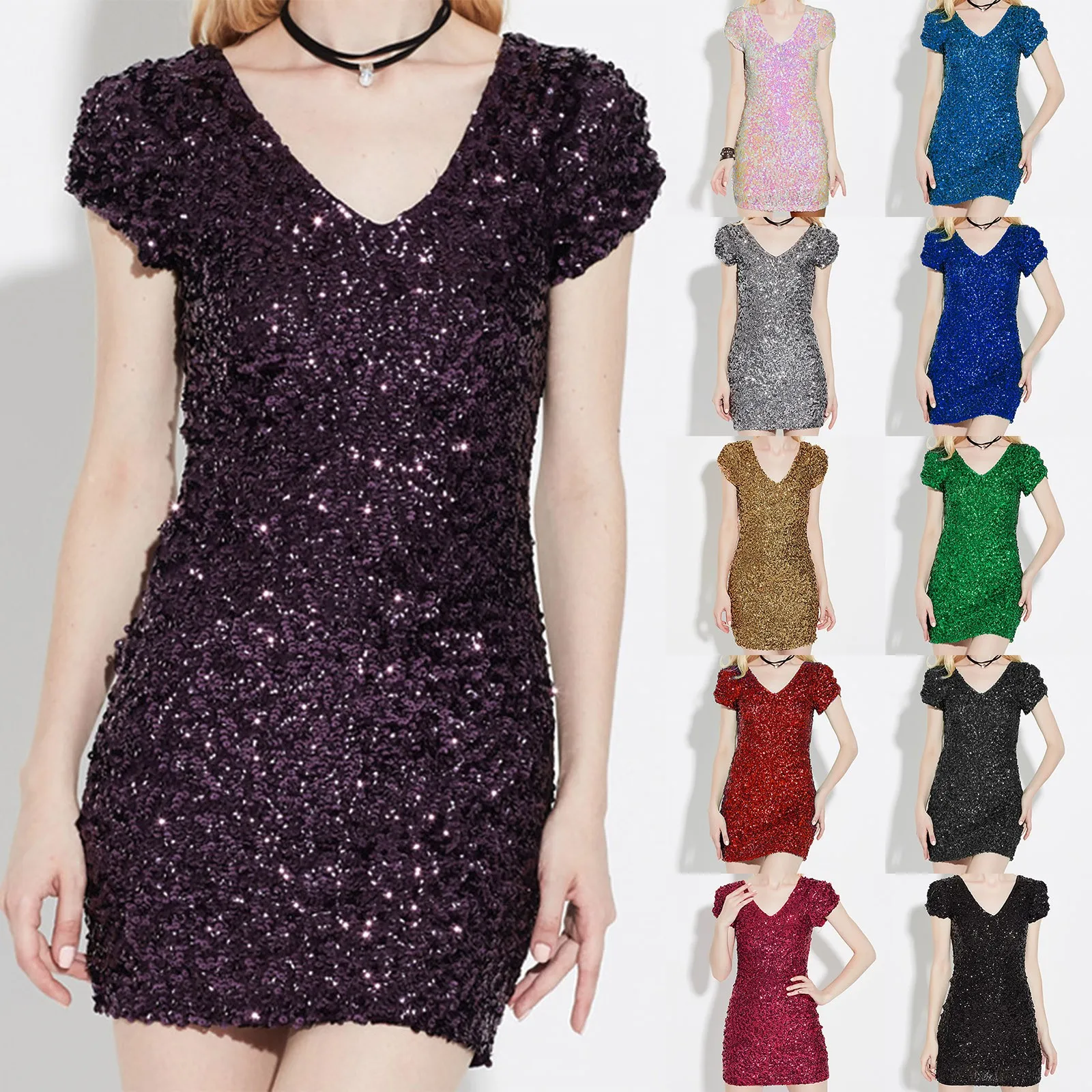 Vestidos de manga corta con cuello en V para mujer, Top sin mangas con lentejuelas brillantes, minivestido brillante para cóctel, ropa de club, Vestidos de fiesta