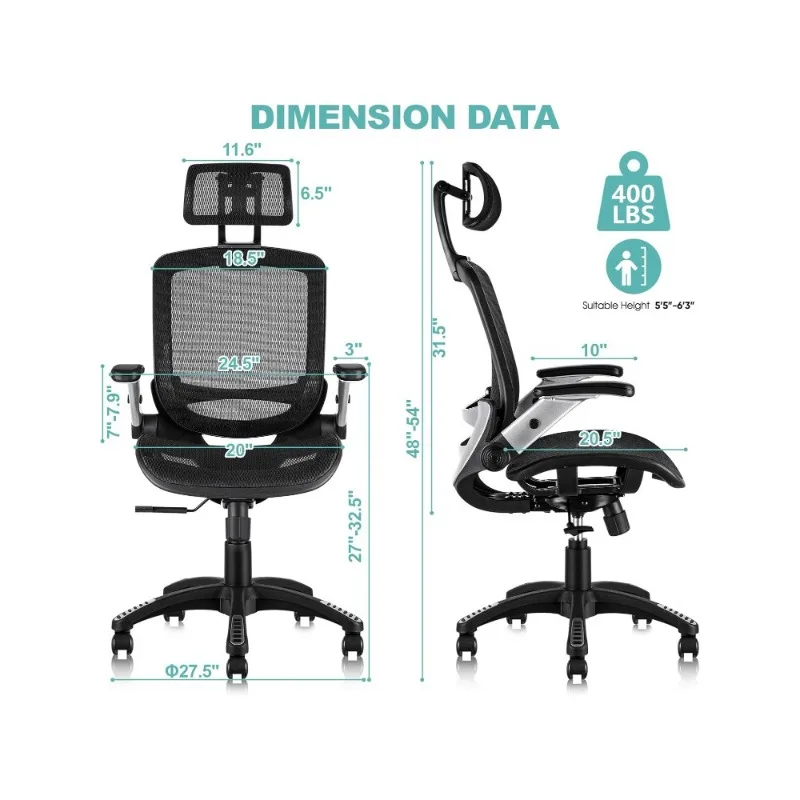 Ergonomic Office Chair,   90-120° Tilt Lock and Wide Cushion, Big and Tall Mesh Chairs for Man Woman, Black Task Chair