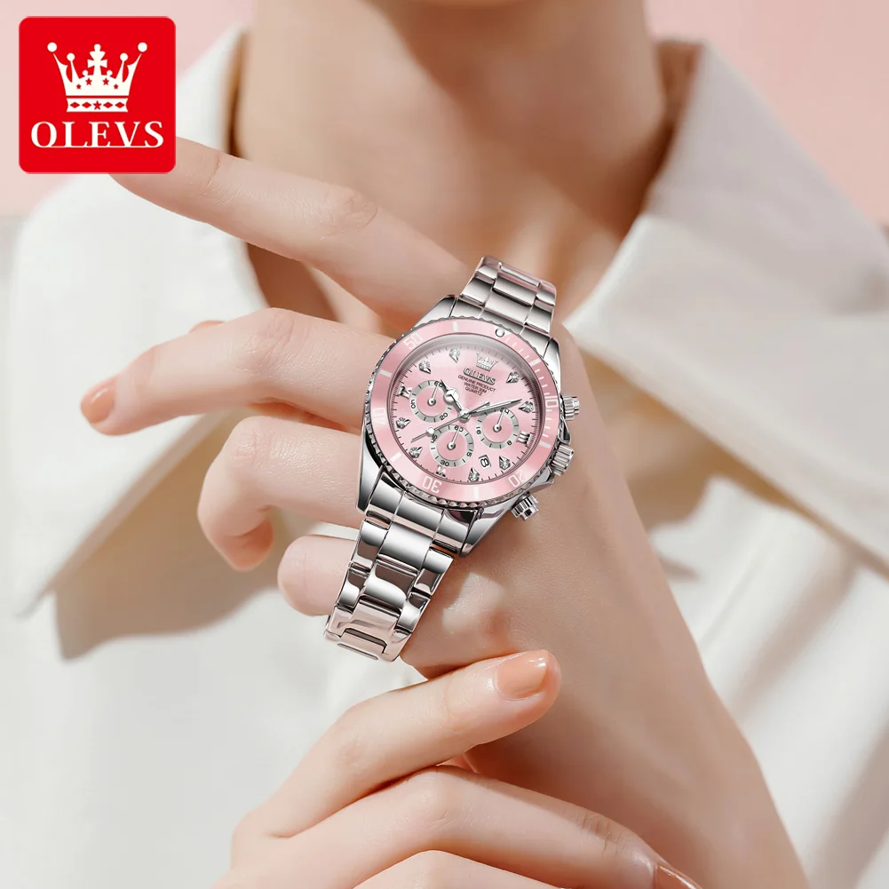 OLEVS 5632 Original Quartz Movement Watch For Women 24-hour Display Date Window Chronograph Button Steel Bracelet Luminous Function Elegance Watch