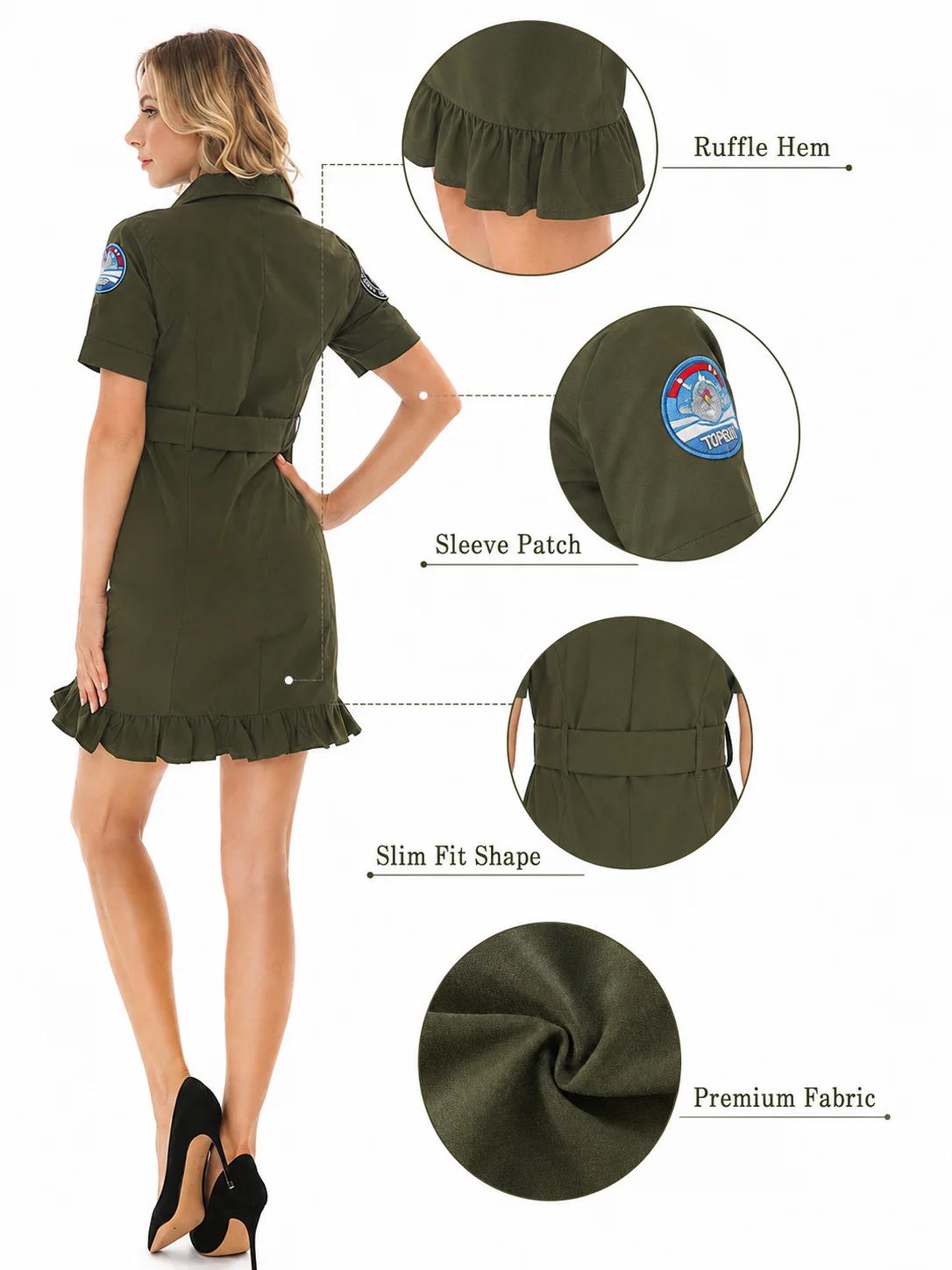 Women Sexy Top Gun Pilot Costume Olive Green Short Sleeve Zip Front Embroidered Badge Belted Ruffle Hem Mini Dress for Halloween Cosplay Carnival Theme Party Fancy Dress，cosplay party, carnival, fancy dress, theme party, sexy uniform, 80s costume view 7
