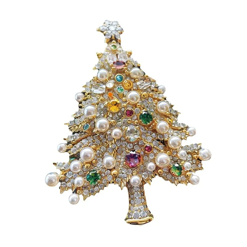 

Colored zircon pearl Christmas tree corsage, temperament brooch