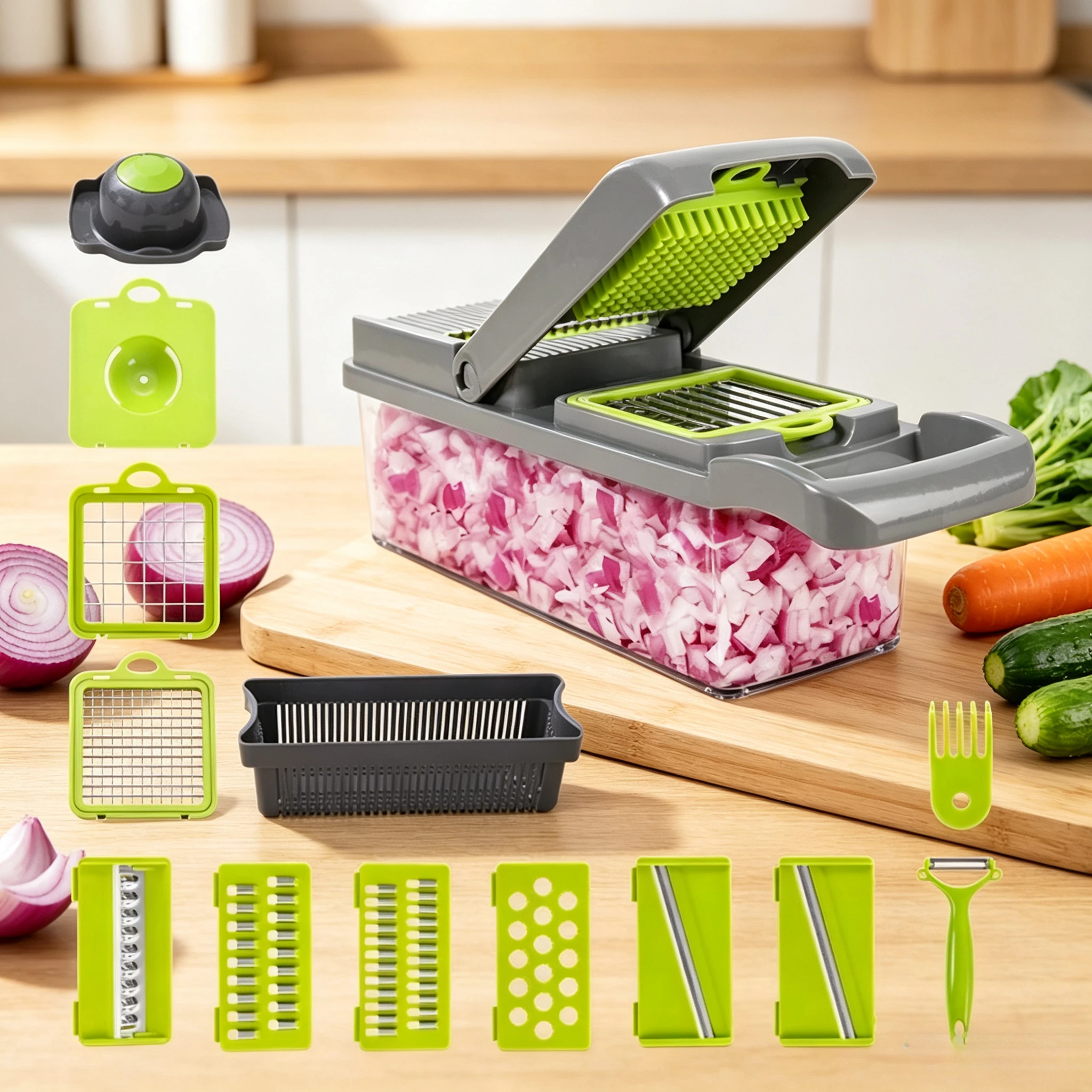 All-in-One 16-in-1 Veggie Dicer Slicer Grater Kitchen Mandoline Cutter With Storage Box & Handle